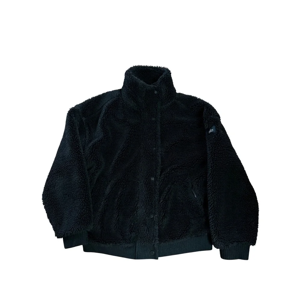 Alo Yoga Womens Black Faux Fur Sherpa Jacket Full Zip Mock Neck Medium